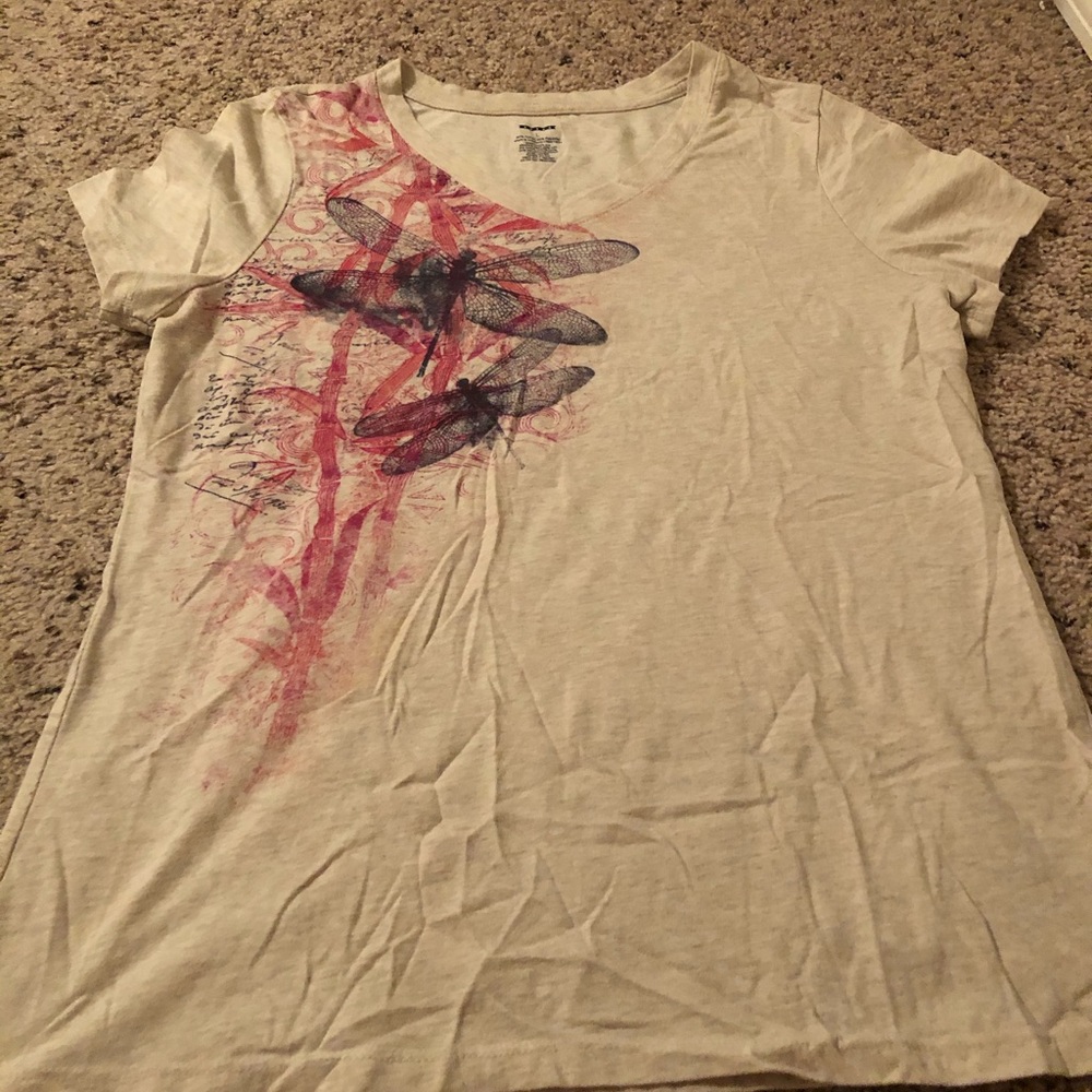 Cream dragonfly V-neck t-shirt